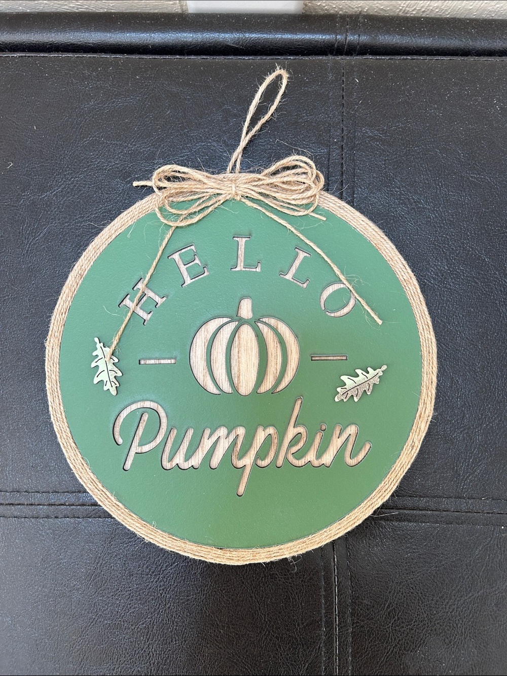 Handmade by my mom Hello Pumpkin Rustic Green Hanging Holiday Sign